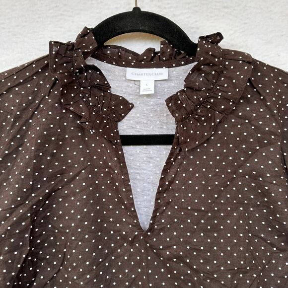 Charter Club Brown Polka Dot Tunic Blouse Womens L Peasant Boho Ruffle Twee Soft - Picture 8 of 12
